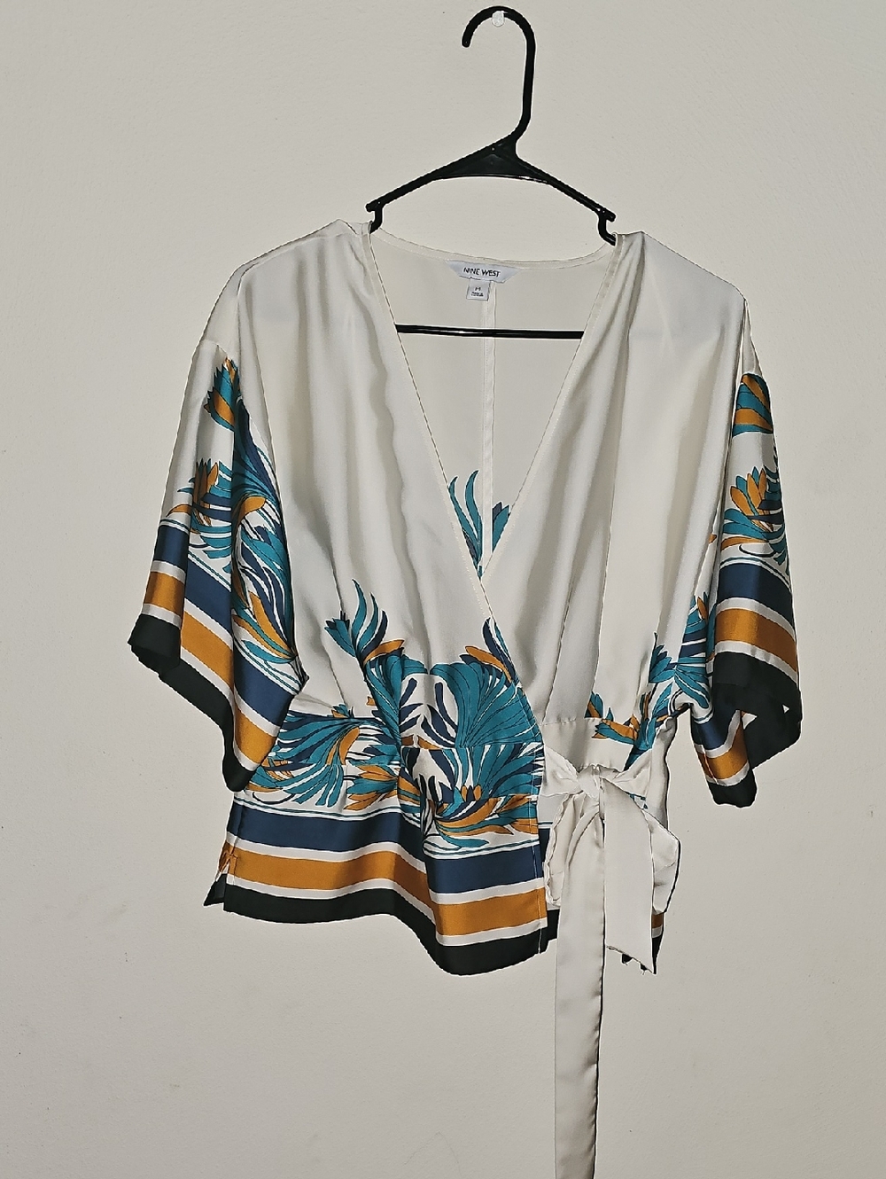 Nine West Cream Wrap Blouse with Teal and Mustard Floral Print
